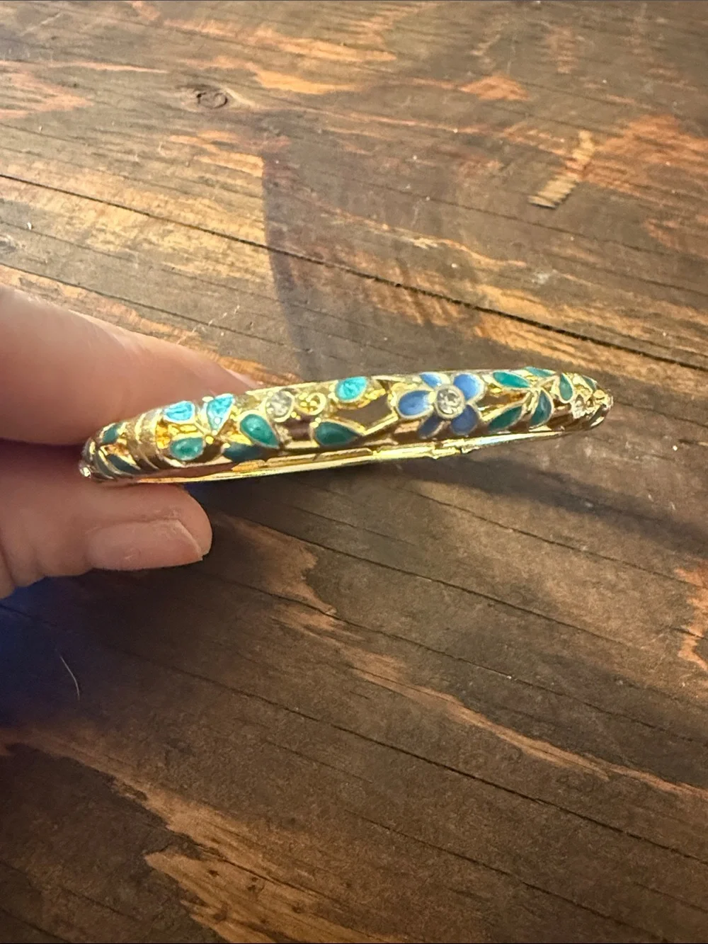 Gold Plated Blue Floral Enamel Bangle Bracelet Rhinestones
